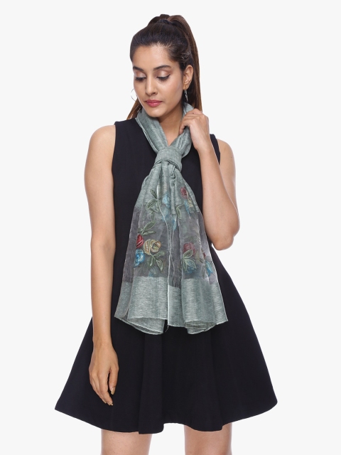 Scarves & Glitters Women Grey & Green Embroidered Stole