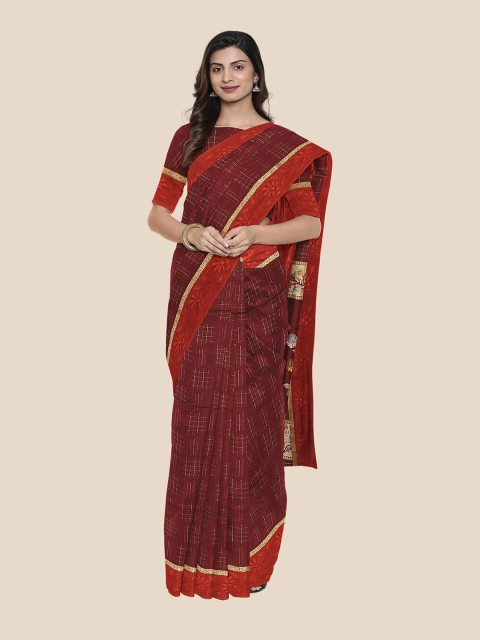 KLM Fashion Mall Maroon & Gold-Toned Checked Silk Blend Kanjeevaram Saree