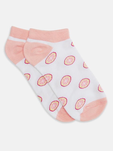 Honey by Pantaloons Women White & Peach-Coloured Patterned Ankle-Length Socks