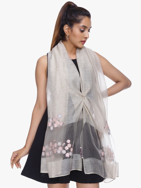 Scarves & Glitters Women Beige & Pink Embroidered Stole