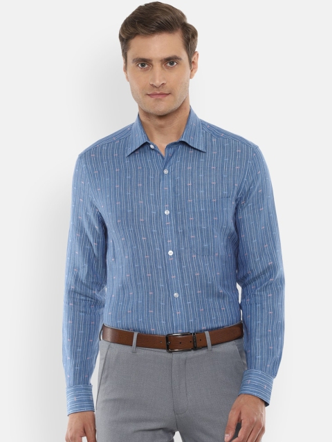 Louis Philippe Men Blue Striped Classic Regular Fit Pure Linen Formal Shirt
