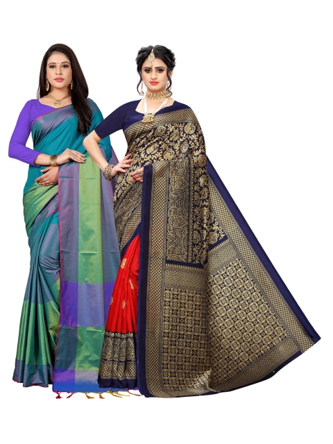 KALINI Pack Of 2 Navy Blue & Green Ethnic Motifs Zari Art Silk Sarees