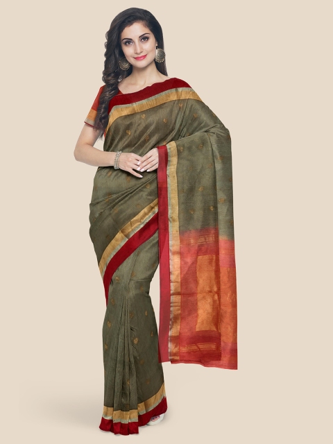 KLM Fashion Mall Olive Green & Red Floral Saree