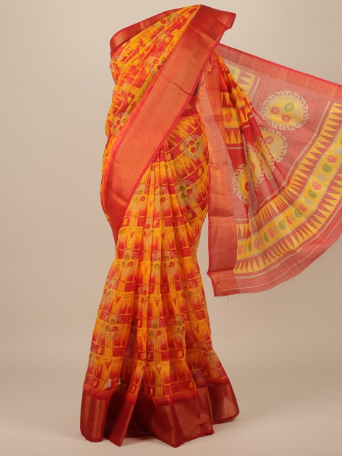 Pothys Mustard & Orange Cotton Blend Saree