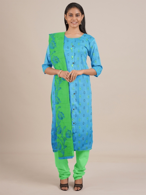 Pothys Blue & Green Printed Unstitched Dress Material