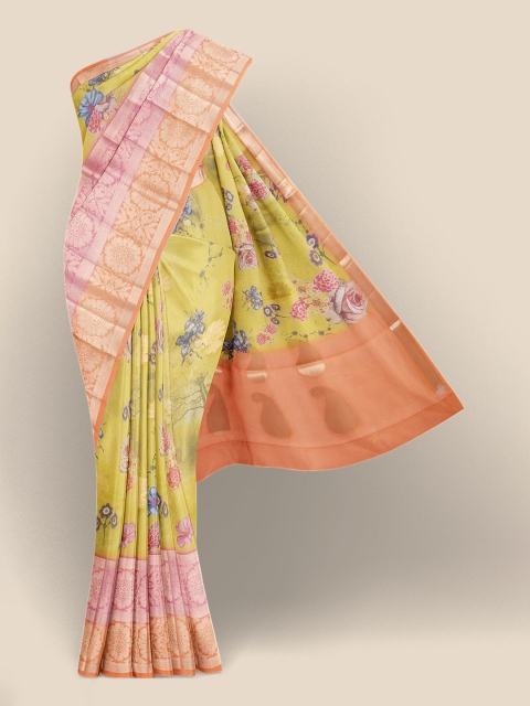 KLM Fashion Mall Yellow & Pink Floral Zari Silk Blend Banarasi Saree