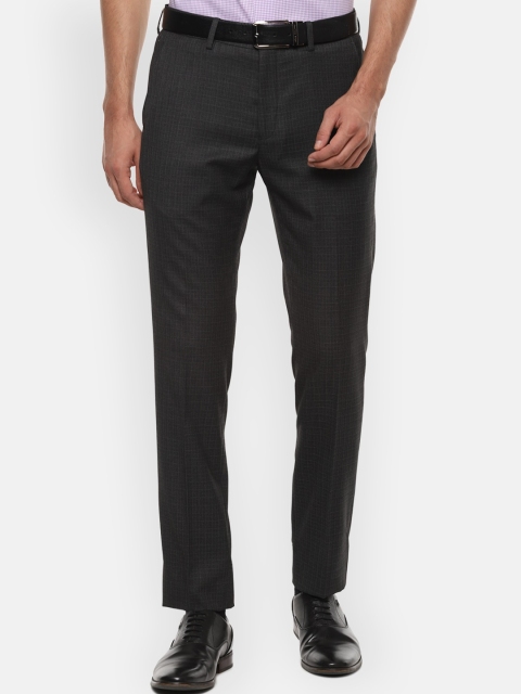 Louis Philippe Men Grey Checked Slim Fit Formal Trousers