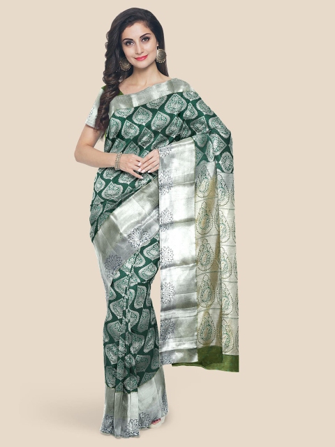 Kalamandir Green Ethnic Motifs Silk Blend Kanjeevaram Saree