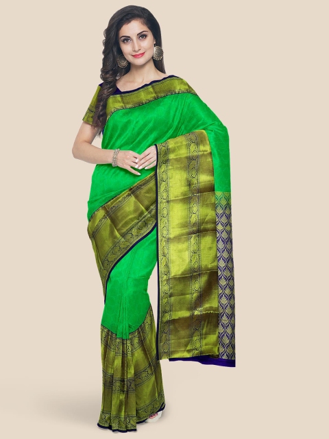 KLM Fashion Mall Green Zari Silk Blend Kanjeevaram Saree