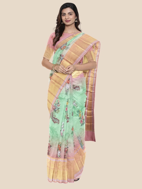 Kalamandir Women Green & Pink Ethnic Motif Printed Zari Silk Blend Saree