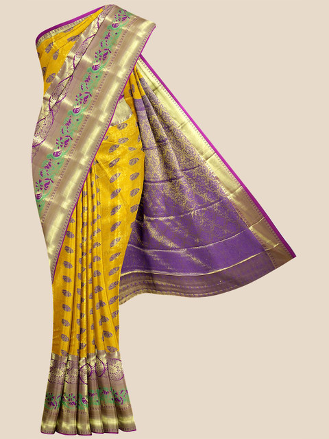 Kalamandir Mustard & Purple Woven Design Silk Blend Kanjeevaram Saree 
Kalamandir Mustard & Purple Woven Design Silk Blend Kanjeevaram Saree