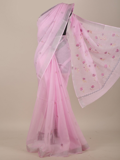 Pothys Pink Floral Zari Cotton Blend Saree