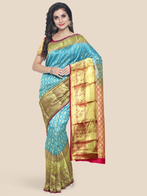 KLM Fashion Mall Turquoise Blue & Gold-Toned Woven Design Silk Blend Kanjeevaram Saree