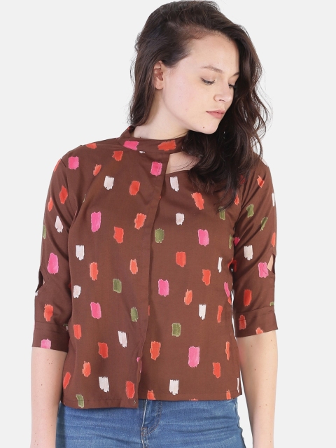 COUPER & COLL Brown Mandarin Collar Shirt Style Top
