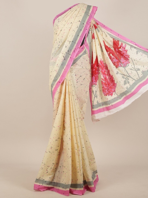 Pothys Cream-coloured & Pink Floral Saree