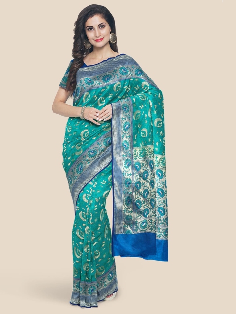 Kalamandir Teal Blue Woven Design Silk Blend Banarasi Saree