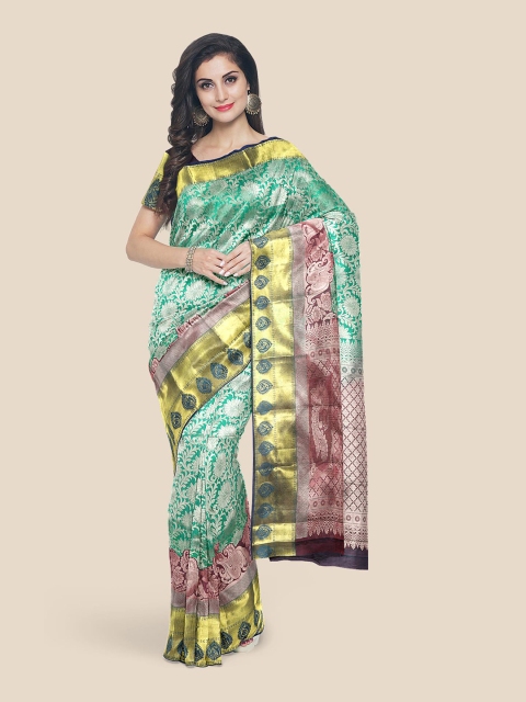 KLM Fashion Mall Sea Green & Pink Woven Design Silk Blend Kanjeevaram Saree