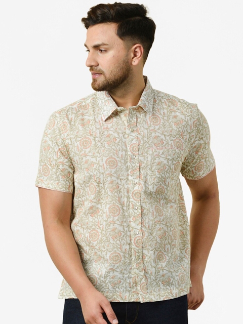 Fabindia Men Off-White & Pink Printed Cotton Regular Fit Casual Shirt