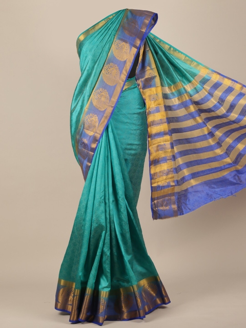 Pothys Green & Blue Ethnic Motifs Jute Silk Saree