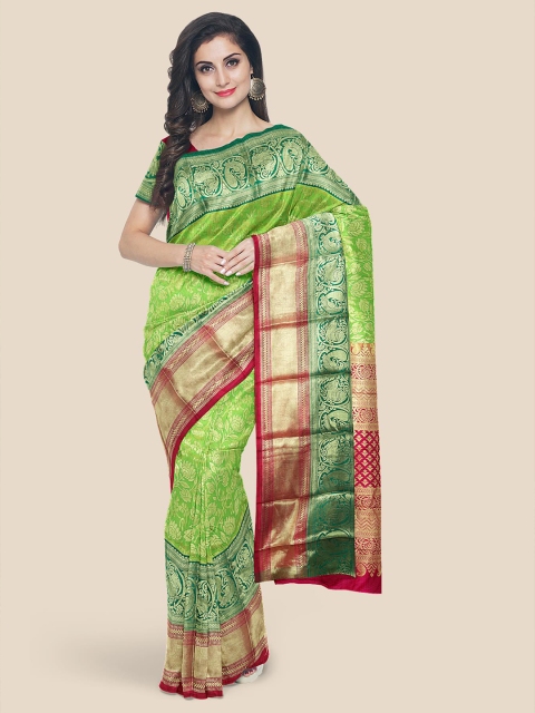 KLM Fashion Mall Green Floral Zari Silk Blend Kanjeevaram Saree