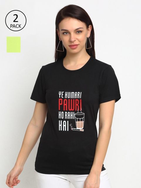 VIMAL JONNEY Women Pack Of 2 Black & Lime Green Typography Printed T-shirt