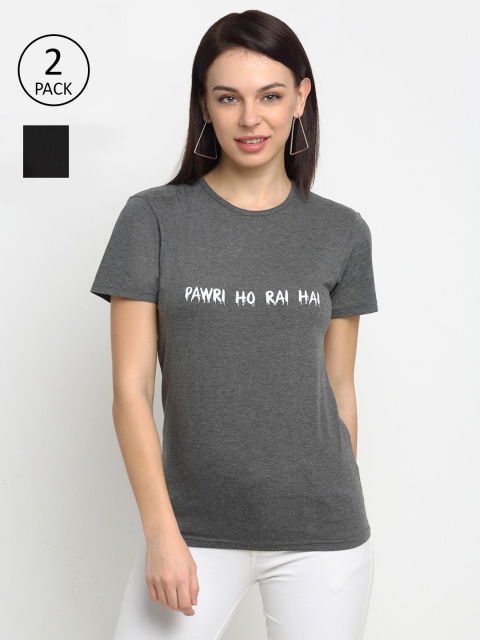 VIMAL JONNEY Women Pack Of 2 Black & Grey Typography Printed T-shirt