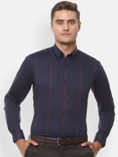 Louis Philippe Men Navy Blue & Brown Striped Slim Fit Formal Shirt