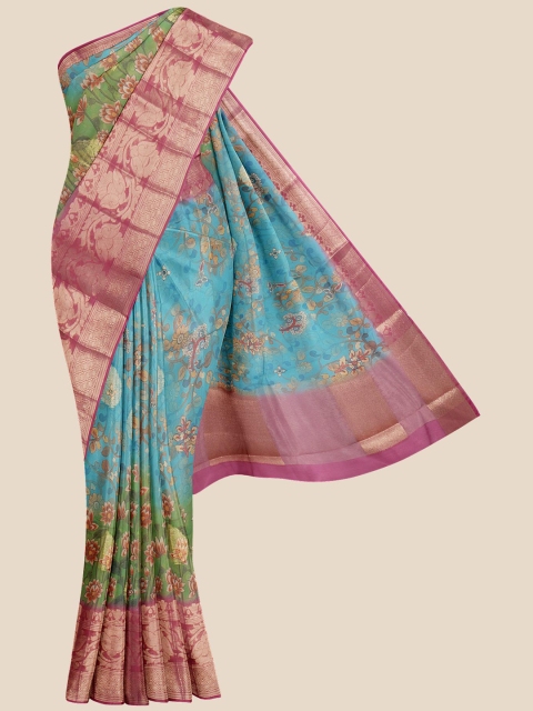 KLM Fashion Mall Turquoise Blue Floral Silk Blend Banarasi Saree