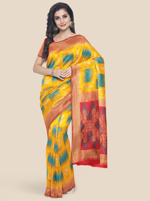 KLM Fashion Mall Yellow & Red Woven Design Silk Blend Banarasi Saree