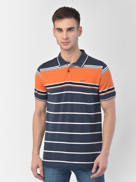 COBB Men Blue & Orange Striped Polo Collar T-shirt