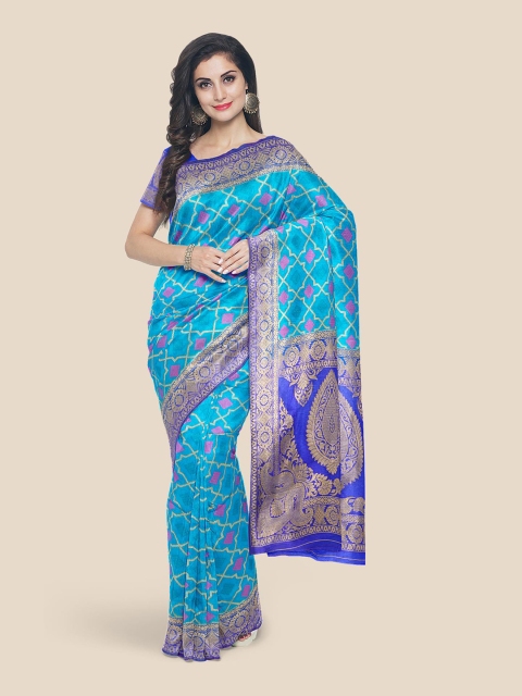 KLM Fashion Mall Blue & Pink Woven Design Silk Blend Banarasi Saree