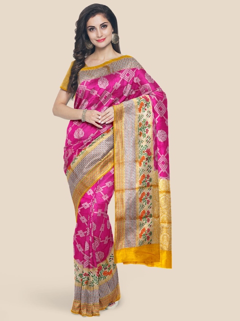 KLM Fashion Mall Pink & Yellow Zari Silk Blend Banarasi Saree