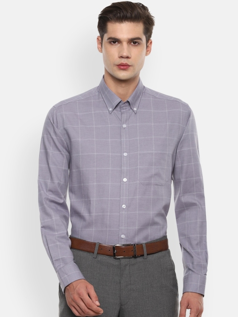 Louis Philippe Men Grey Slim Fit Checked Casual Cotton Shirt