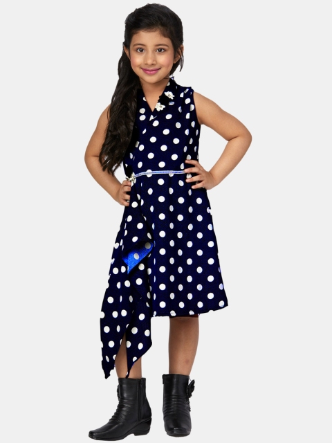 Peppermint Navy Blue & White Polka Dots Printed Satin Fit & Flare Dress