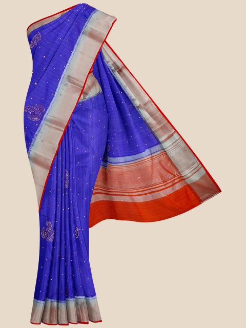 KLM Fashion Mall Blue Embellished Silk Blend Banarasi Saree