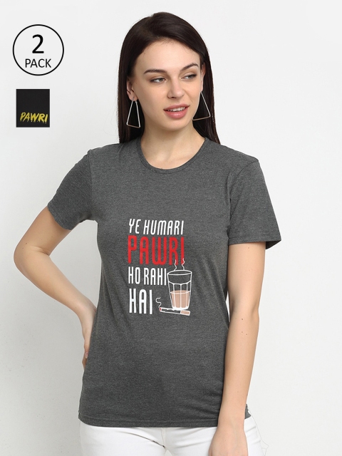 VIMAL JONNEY Women Pack Of 2 Grey & Black Printed Cotton Blend T-shirts