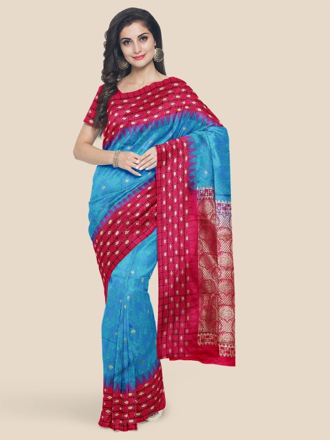 KLM Fashion Mall Blue & Burgundy Ethnic Motifs Zari Silk Blend Kanjeevaram Saree