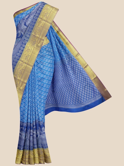 Kalamandir Blue & Gold-Toned Ethnic Motifs Zari Silk Blend Kanjeevaram Saree