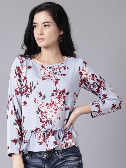AASI - HOUSE OF NAYO Women Blue Floral Printed Crepe Regular Top