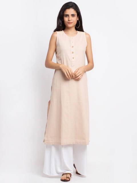 Ekmatra Women Beige Khadi Handloom Straight Sustainable Kurta