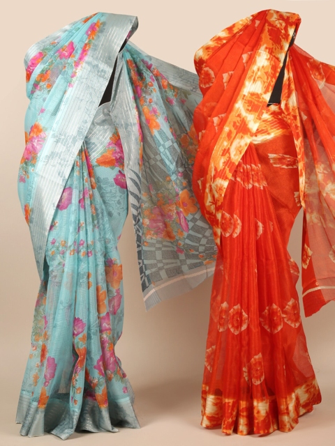 Pothys Pack Of 2 Blue & Red Floral Zari Jute Silk Sarees