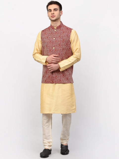 Jompers Men Gold Dupion Silk Kurta with Churidar & Nehru Jacket