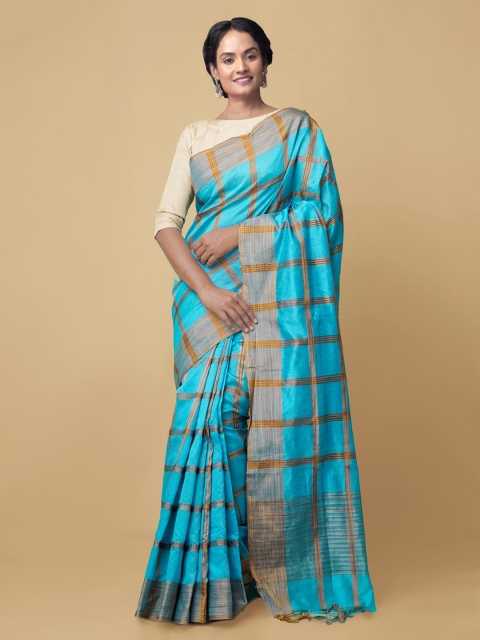 Unnati Silks Blue Checked Art Silk Patola Saree