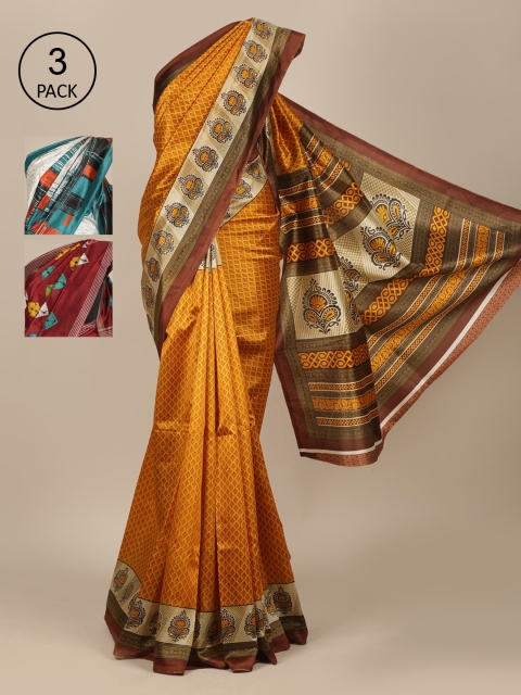 Pothys Pack Of 3 Yellow & Off White Jute Silk Saree
