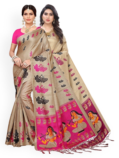 KALINI Pack of 2 Beige Ethnic Motifs Art Silk Saree