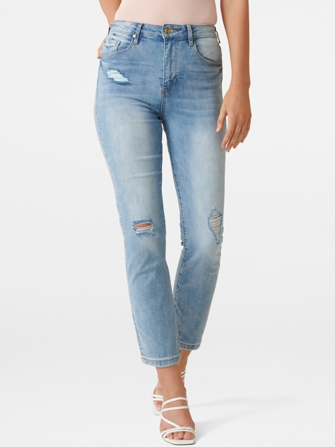 Forever New Women Blue High-Rise Low Distress Heavy Fade Stretchable Jeans