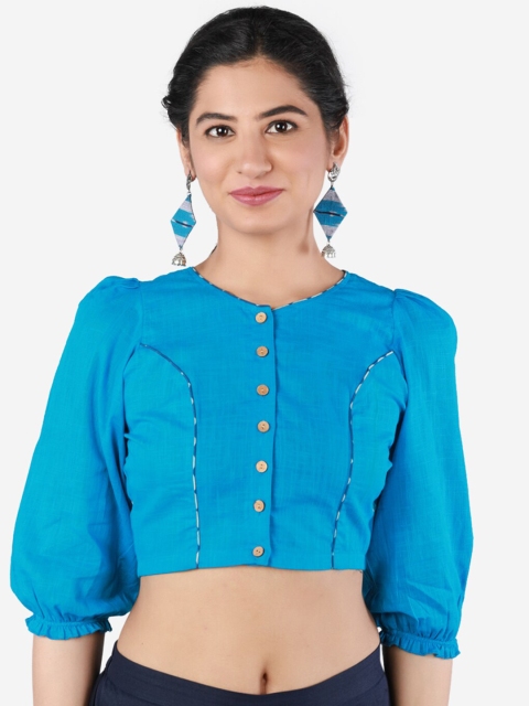 Llajja Women Blue Solid Pure Cotton Saree Blouse