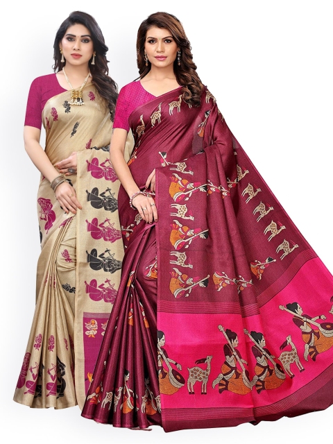 KALINI Pack Of 2 Magenta & Beige Ethnic Motifs Zari Art Silk Sarees