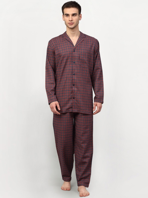 JAINISH Men Maroon Checked Night suit