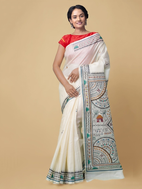 Unnati Silks Off White & Black Warli Pure Silk Tussar Saree